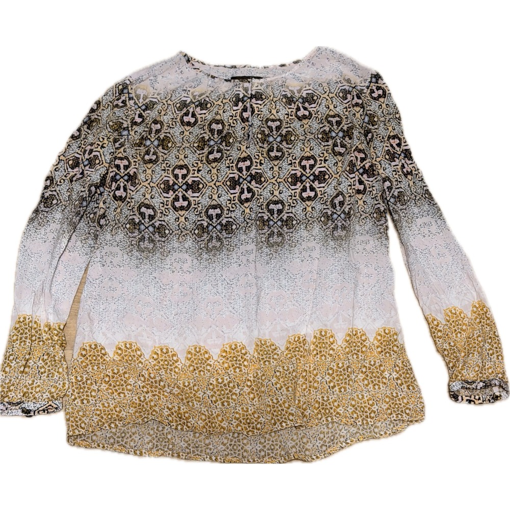 Crosby by Mollie Burch Womens Large Boho Print Rayon Long Sleeve Blouse Gold L